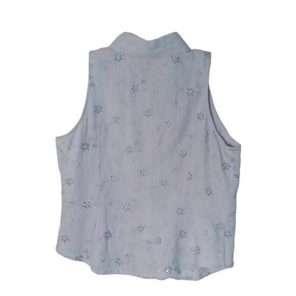Jillian Jones 100% Linen Sleeveless Top Womens Large Blue Embroidered Eyelet - Picture 2 of 9